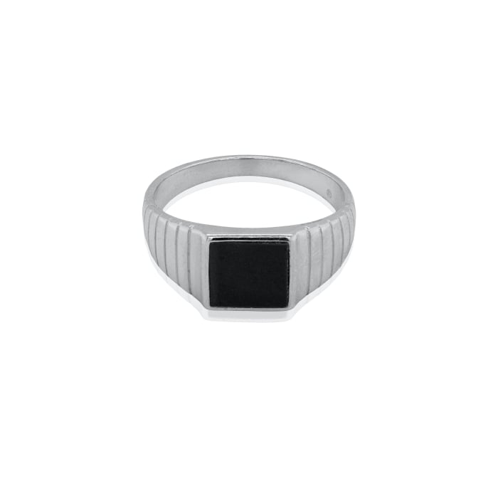 Sterling Silver Rhodium Plated Black Onyx Square Signet Men's Ring.