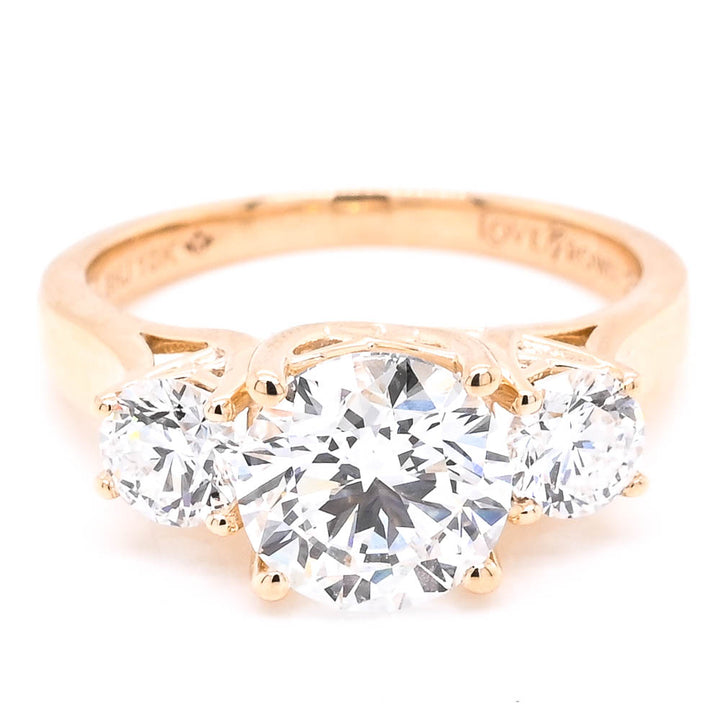 14KT Yellow Gold 2.30CTW Round Brilliant Lab Grown Diamond Trinity Engagement Ring.
