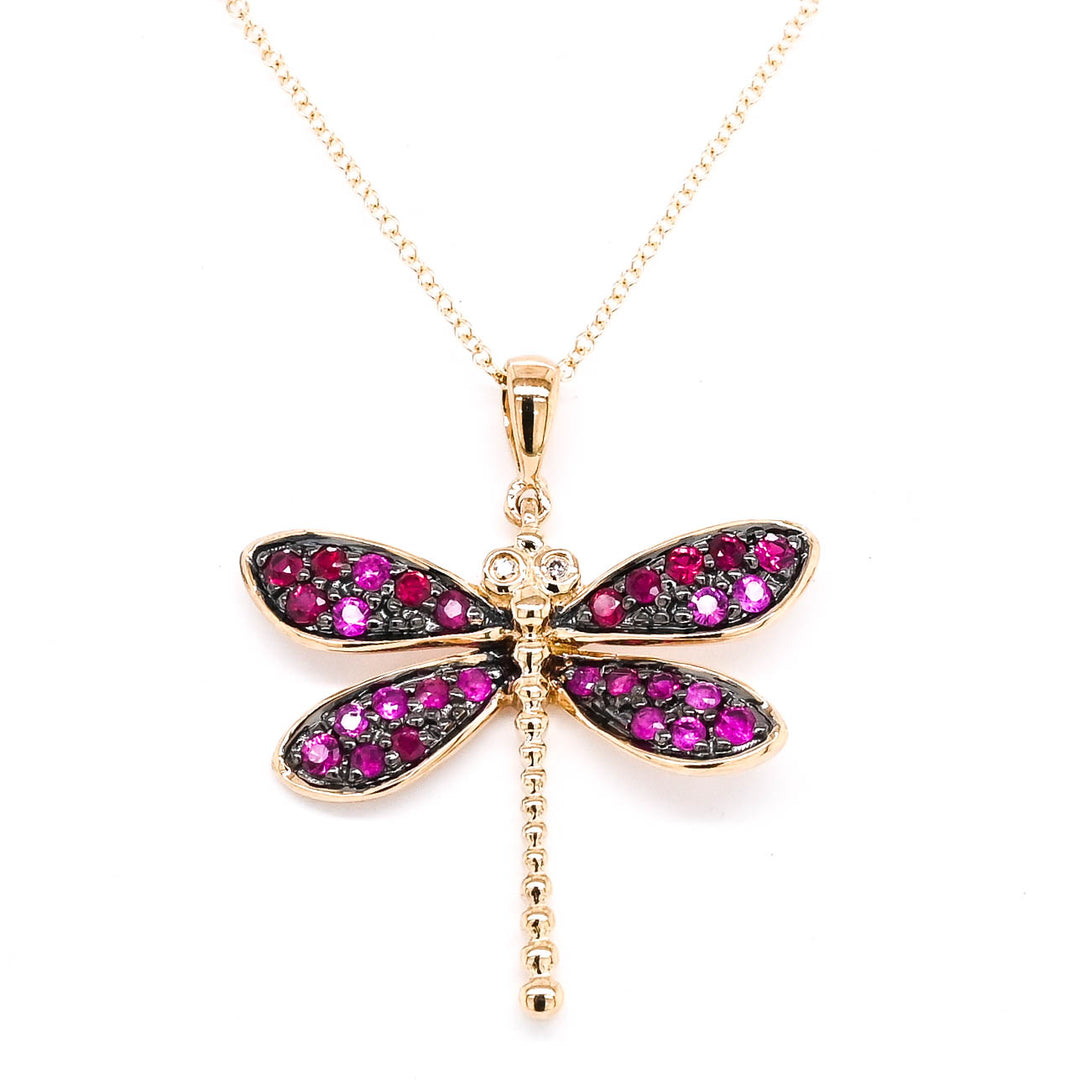 10KT Yellow Gold 18" 0.40CTW Ruby and Diamond Dragonfly Necklace.

D