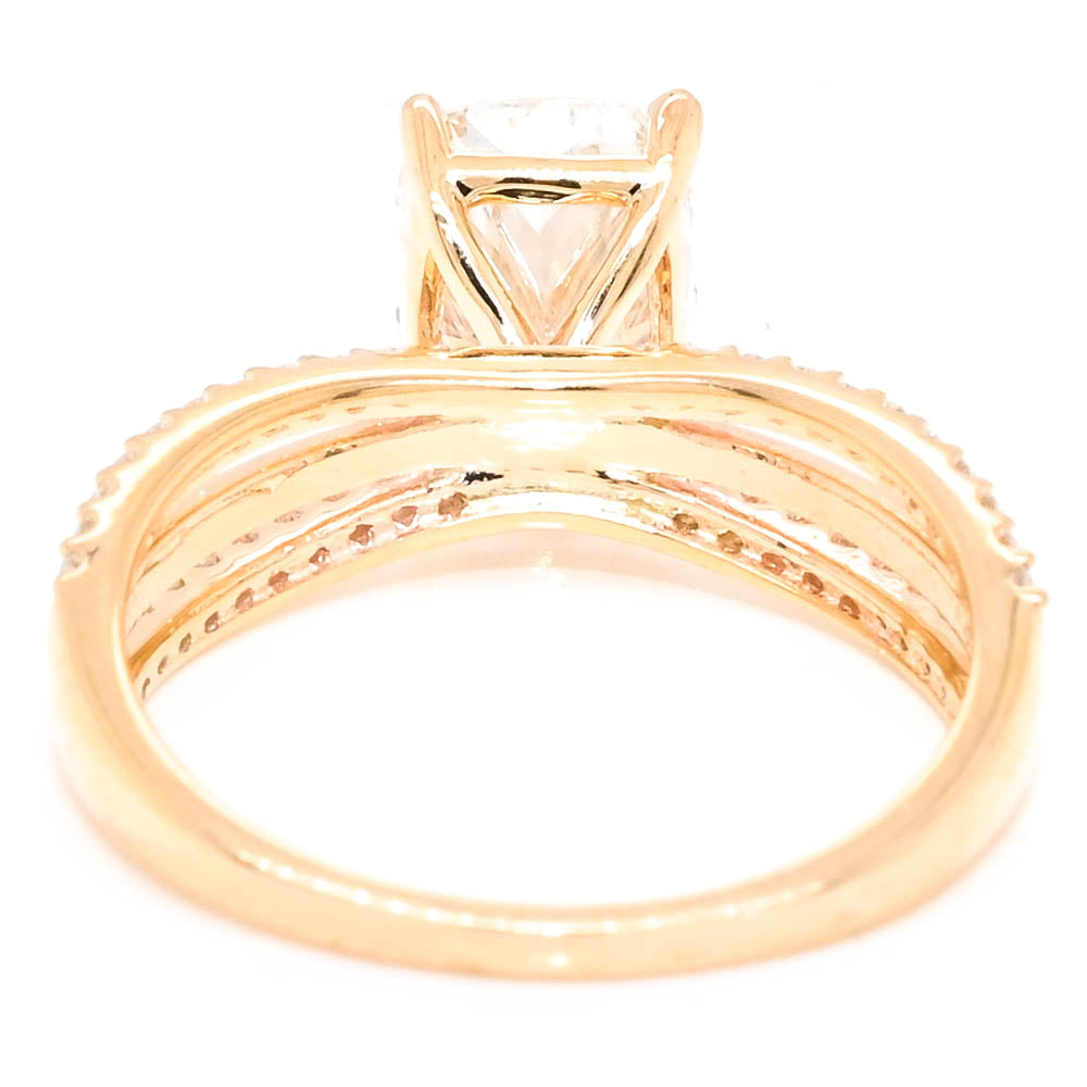 10KT Yellow Gold 2.25CTW Cushion Cut LAB Created Diamond Accent Engagement Ring.