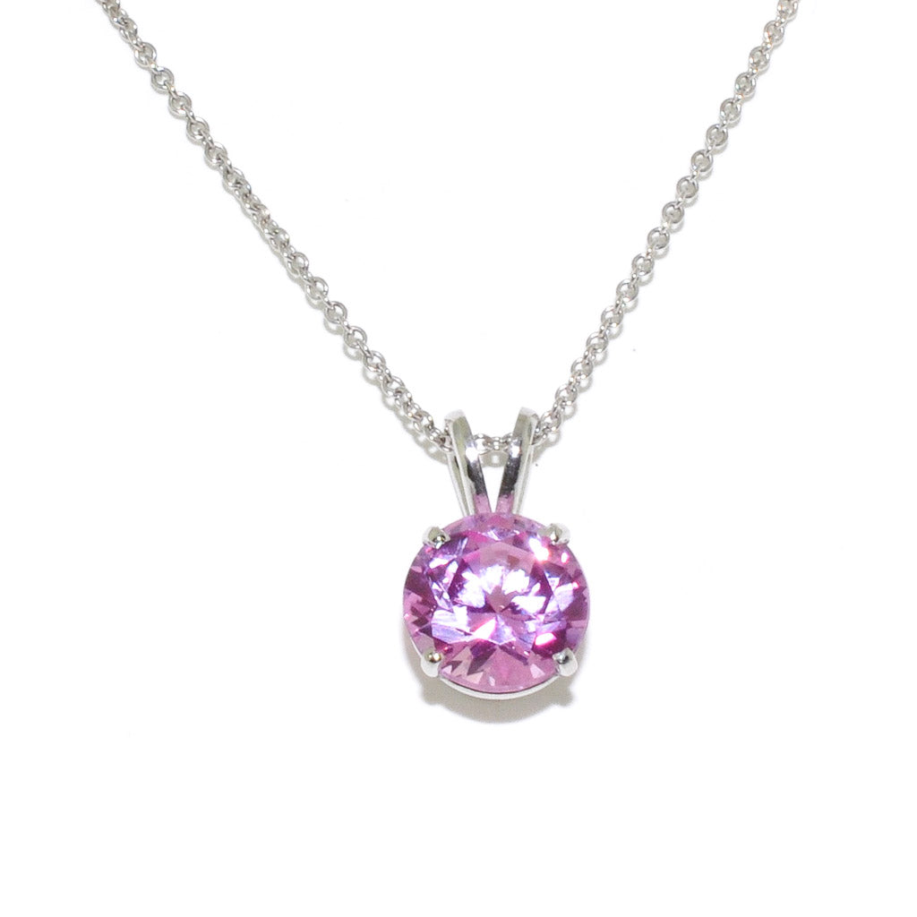 10KT White Gold 18" 8MM Round Synthetic Rose Quartz Necklace.