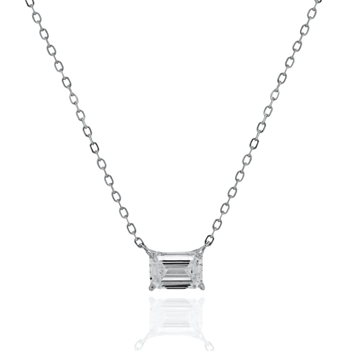 Sterling Silver 18"  1.00CT Emerald Shape LAB Created Diamond Solitaire Necklace.