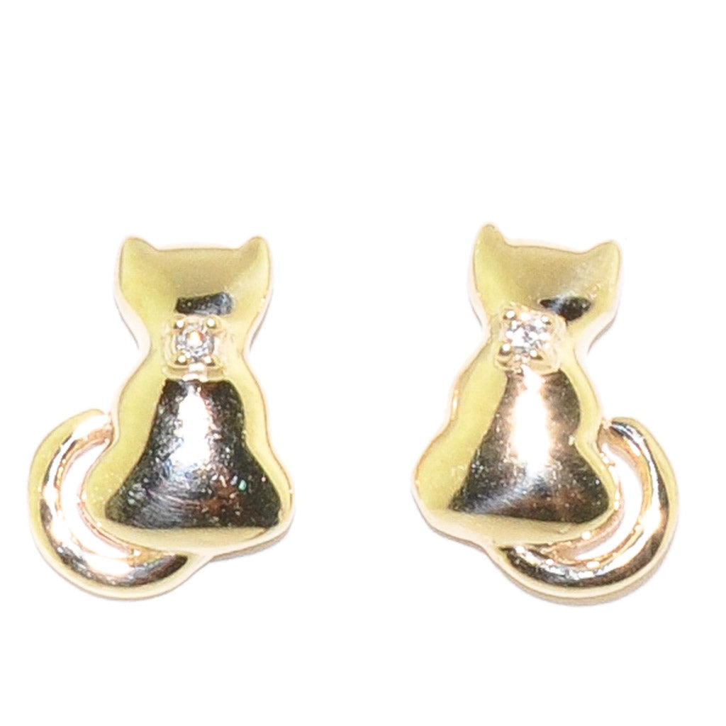 10KT Yellow Gold 0.01CTW Diamond Cat Childrens Earrings.