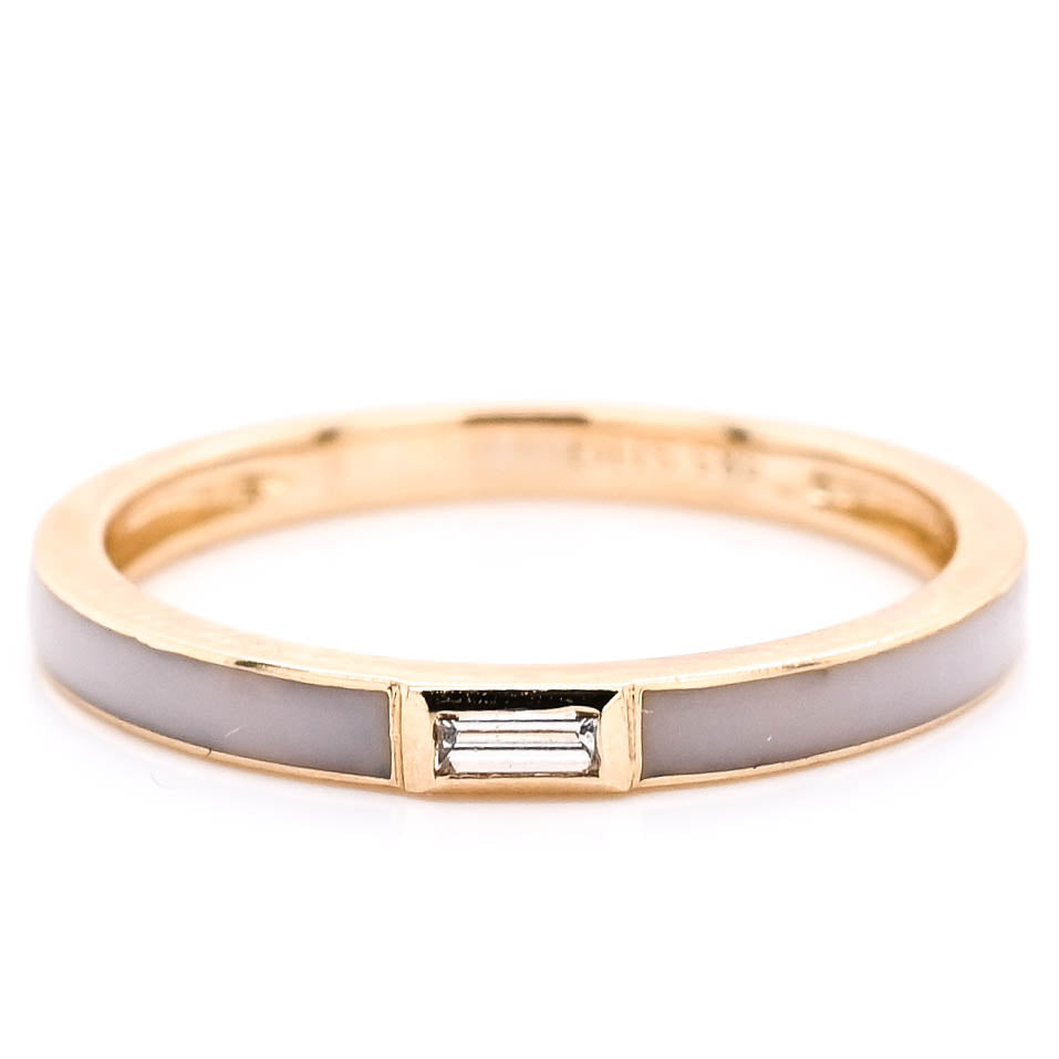 14KT Yellow Gold 0.05CT Baguette Diamond and Gray Enamel Ring.
