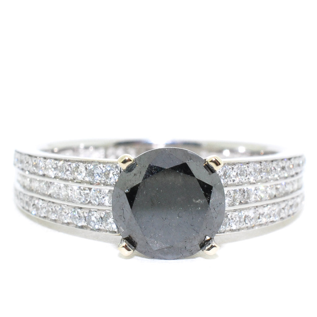 18KT White Gold 1.80CTW Black Round Brilliant Diamond Engagement Ring.