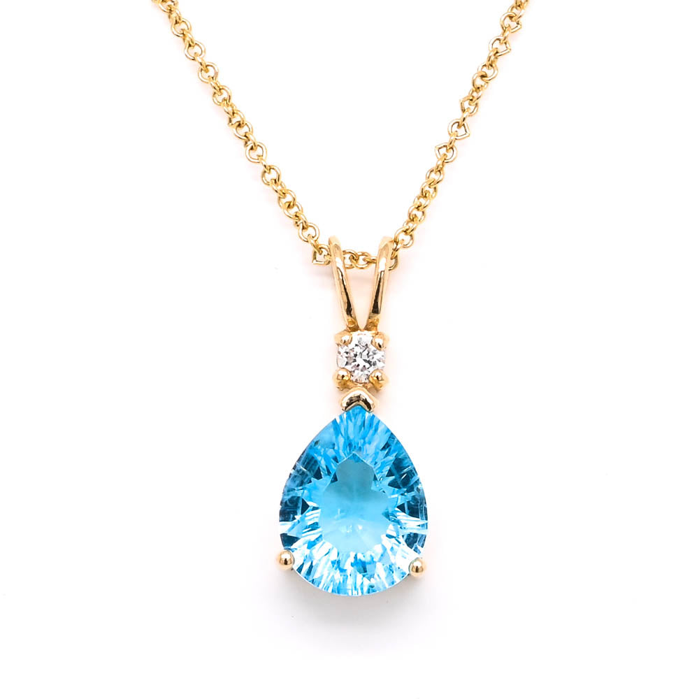 14KT Yellow 18" Gold 1.50ct Pear Shape Blue Topaz & Diamond Necklace.