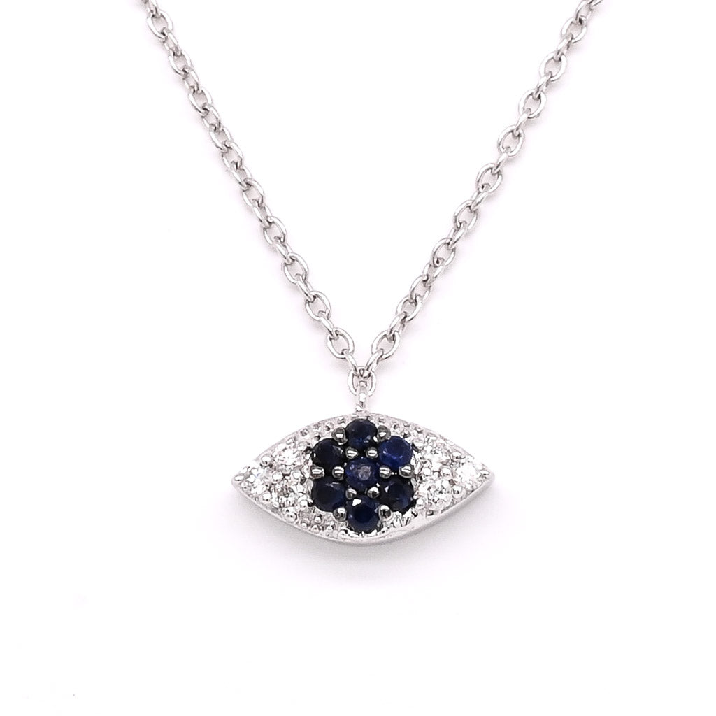 14Kt White Gold 18" 0.07CT Blue Sapphire and Diamond Evil Eye Necklace.