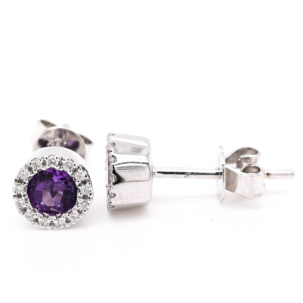 14KT White Gold Amethyst & Diamond Halo Set Stud Earrings.