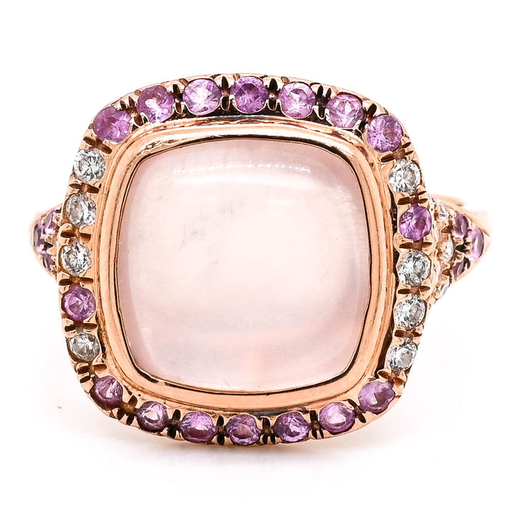 14KT Rose Gold Cabachon Rose Quartz, Diamond & Pink Sapphire Ring.