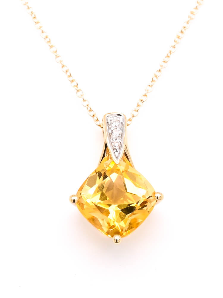 10KT Yellow Gold 18" 2.00CT Cushion Cut Citrine & Diamond Necklace.