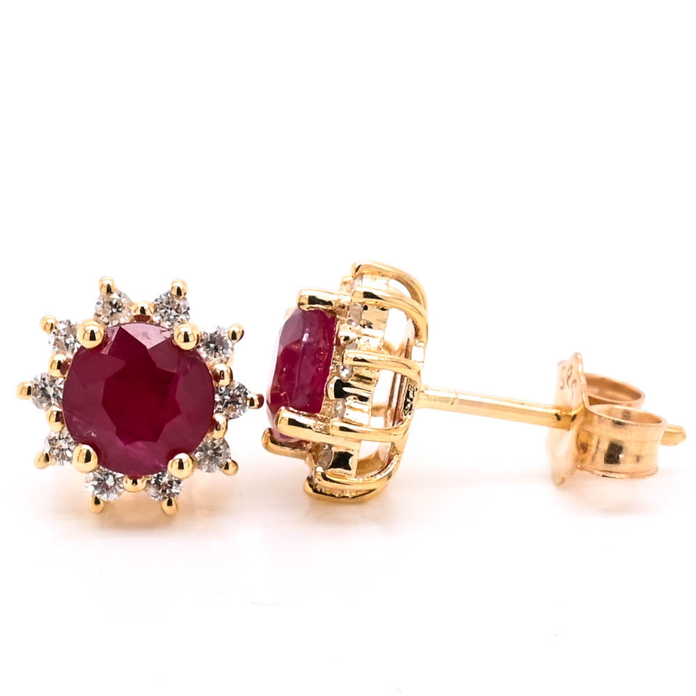 14KT Yellow Gold Round Brilliant Ruby & Diamond Cluster Earrings.