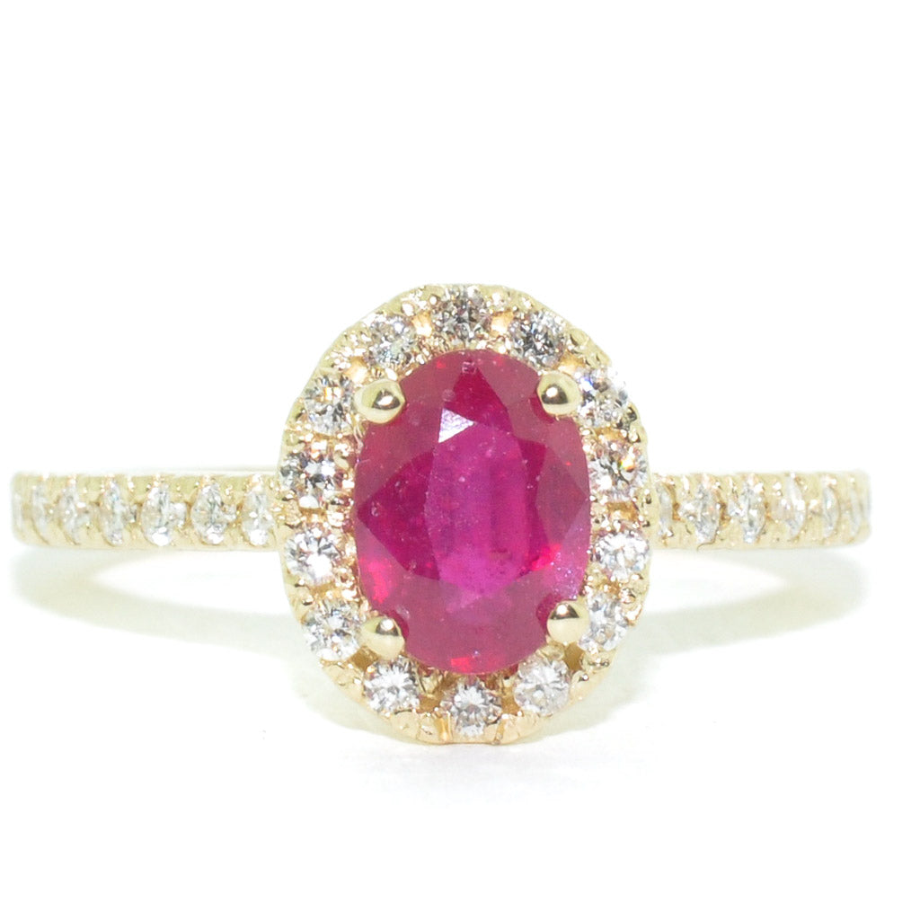 14KT Yellow Gold 1.27CT Enhanced' Glass Filled"  Ruby and Diamond Halo Set Ring.