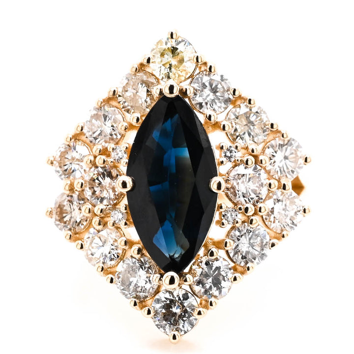 14KT Yellow Gold 2.48CT Marquise Shaped Blue Saapphire & Diamond Ring.