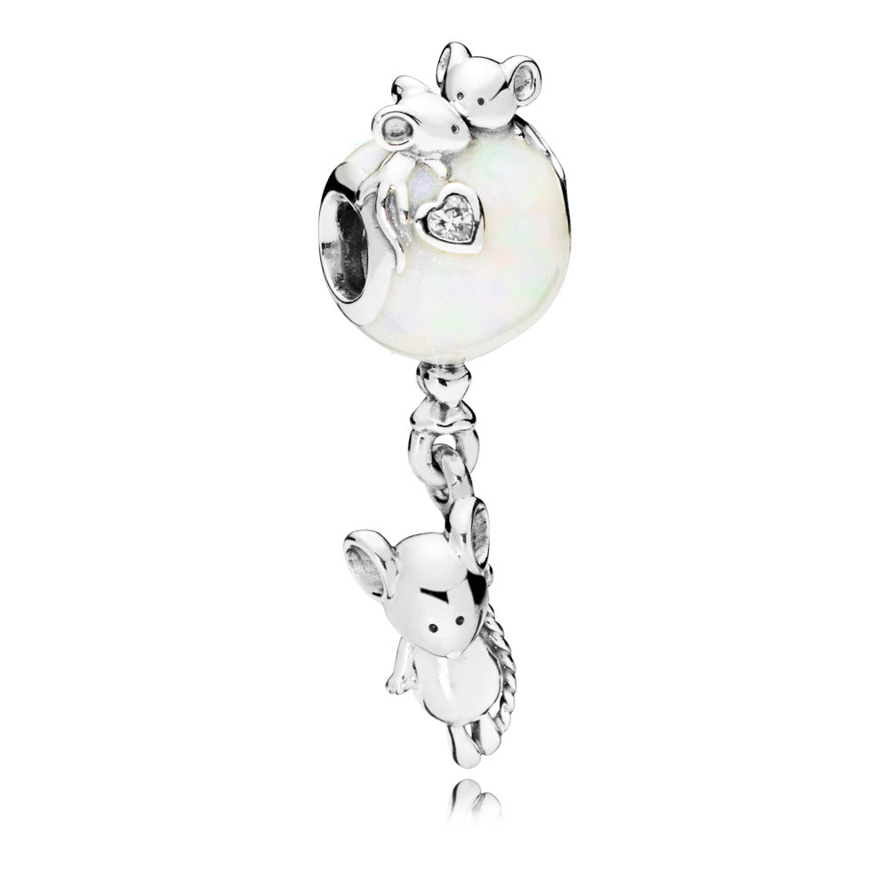 Mouse & Balloon, Silver Enamel & Clear CZ