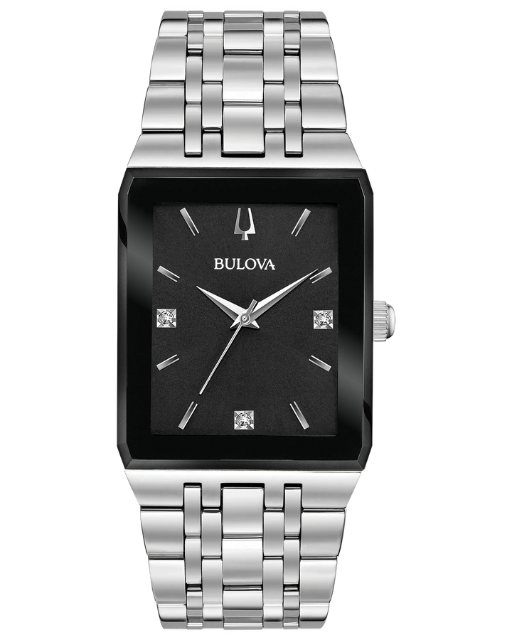 Bulova Quadra 30.5MM Quartz Watch. 96D145
Steel/Black/Diamonds