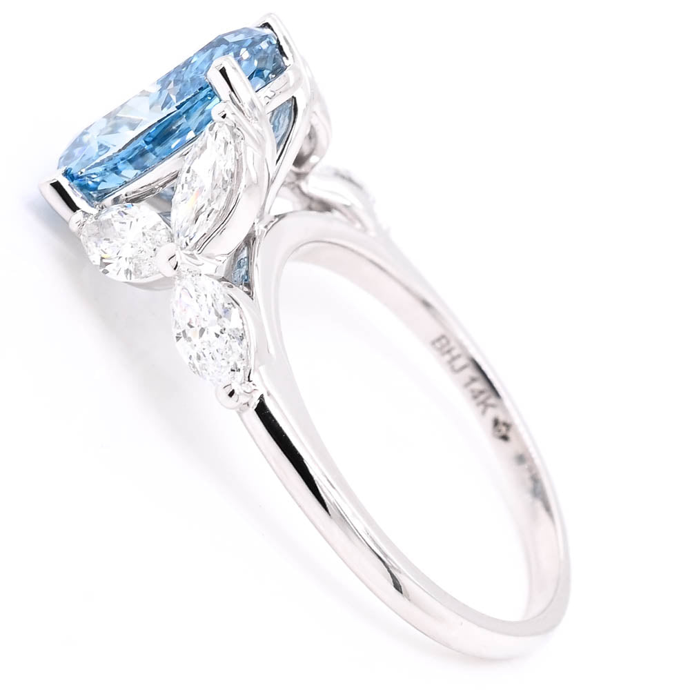 14KT White Gold 3.40CT Oval Shape Fancy Blue LAB Created Diamond Engagement Ring.