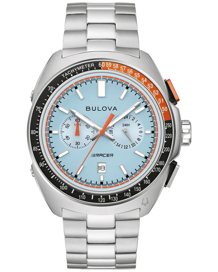 Bulova Racer 42mm Chronograph Quartz Watch. 98b432.
Blue/Steel