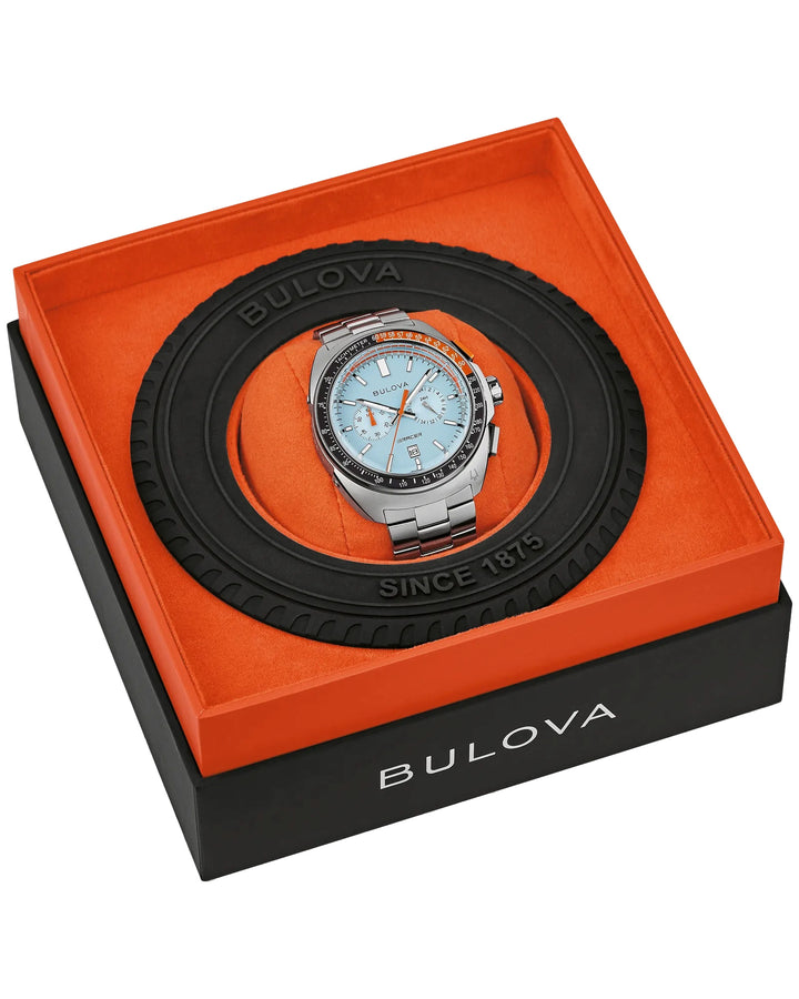 Bulova Racer 42mm Chronograph Quartz Watch. 98b432.
Blue/Steel
