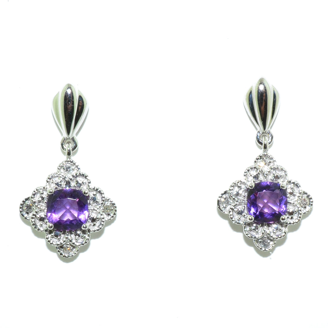 10KT White Gold Amethyst and Diamond Earrings.