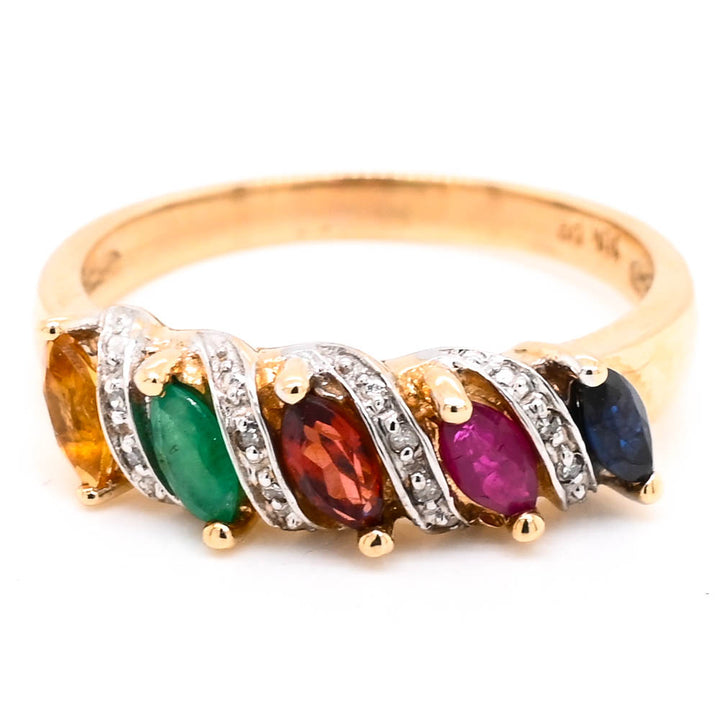 10KT Yellow Gold Multi Coloured Gemstone & Diamond Ring.