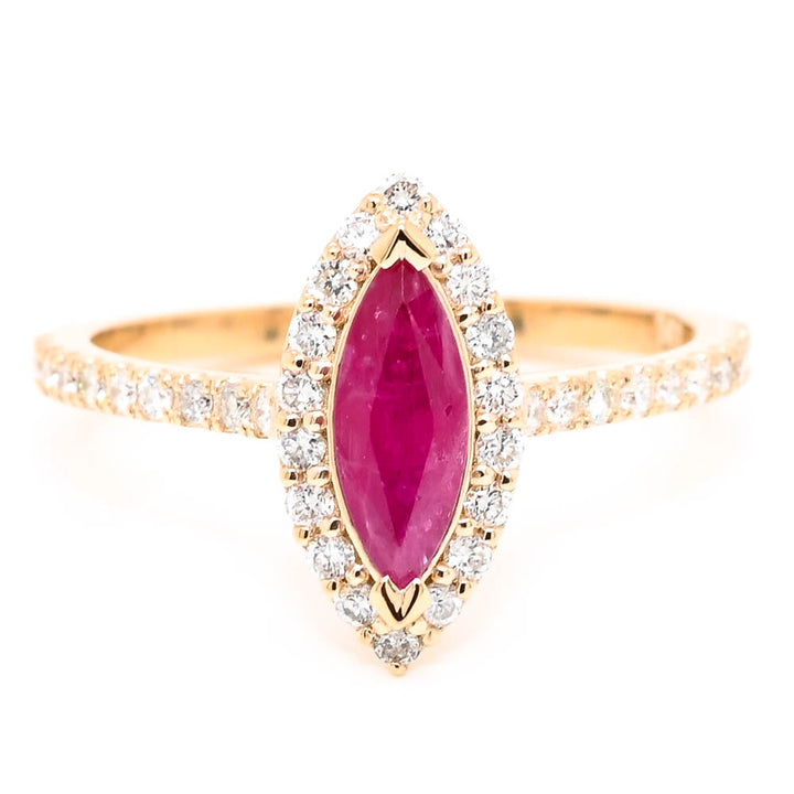 14KT Yellow Gold 0.55CT Marquise shaped Ruby & Diamond Halo Set Ring.