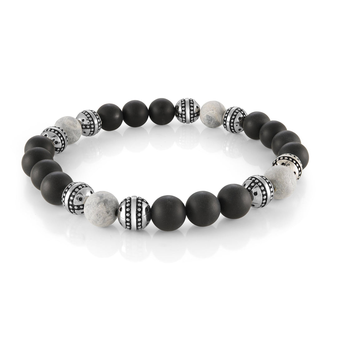 Italgem Steel 8.2"  Genuine Grey Stone Matte Black Onyx Bead Stretch Bracelet.