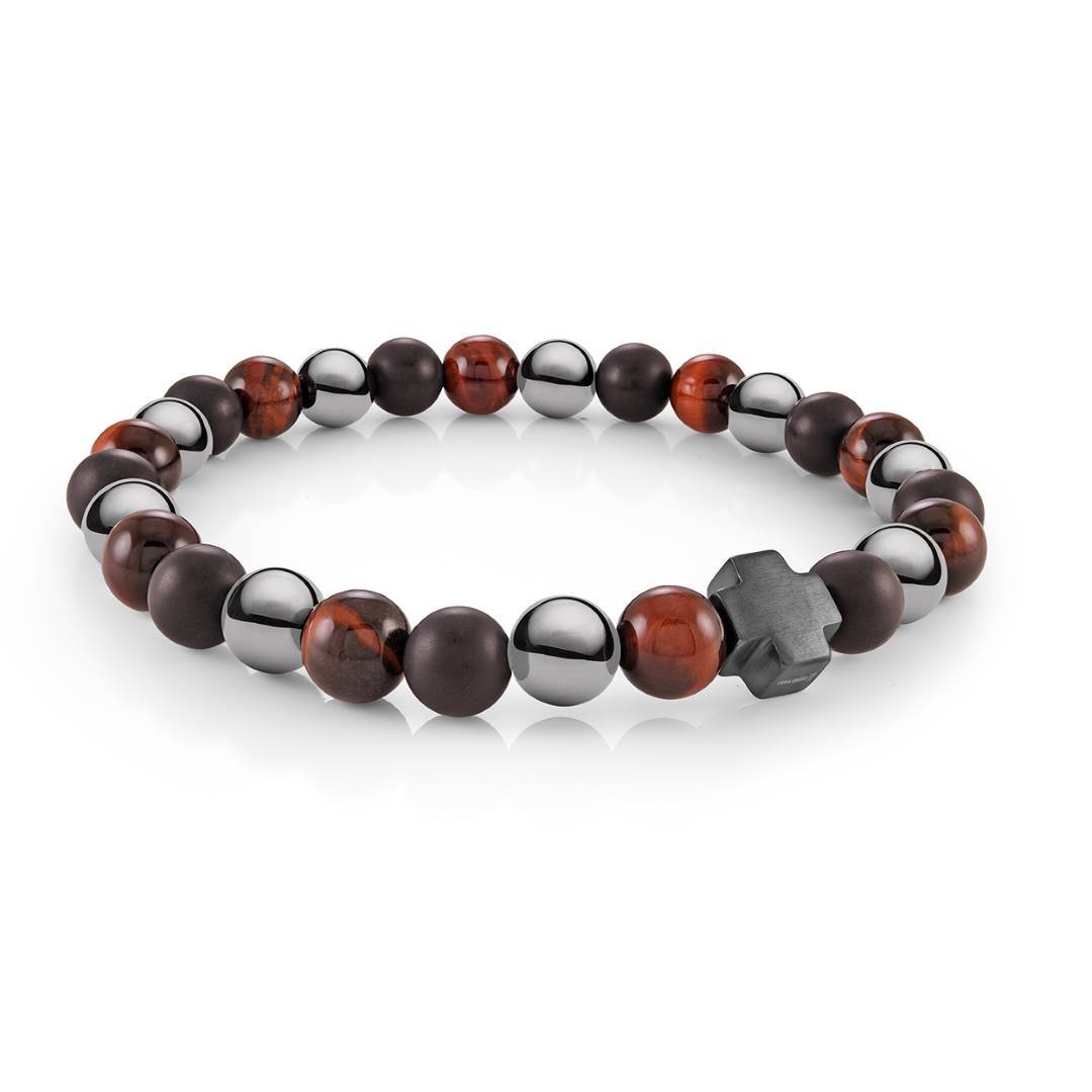 Italgem Steel Gunmetal IP Stainless Steel Brushed Cross 8mm Hematite &amp; Red Tiger’s Eye 8.2" Bracelet