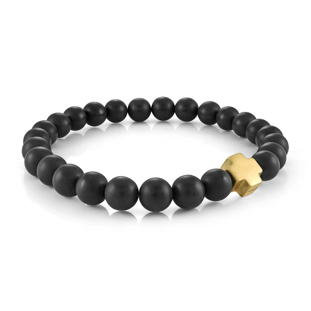 Italgem Steel Gold IP Stainless Steel Brushed Cross 8mm Black Onyx 8.2" Bracelet