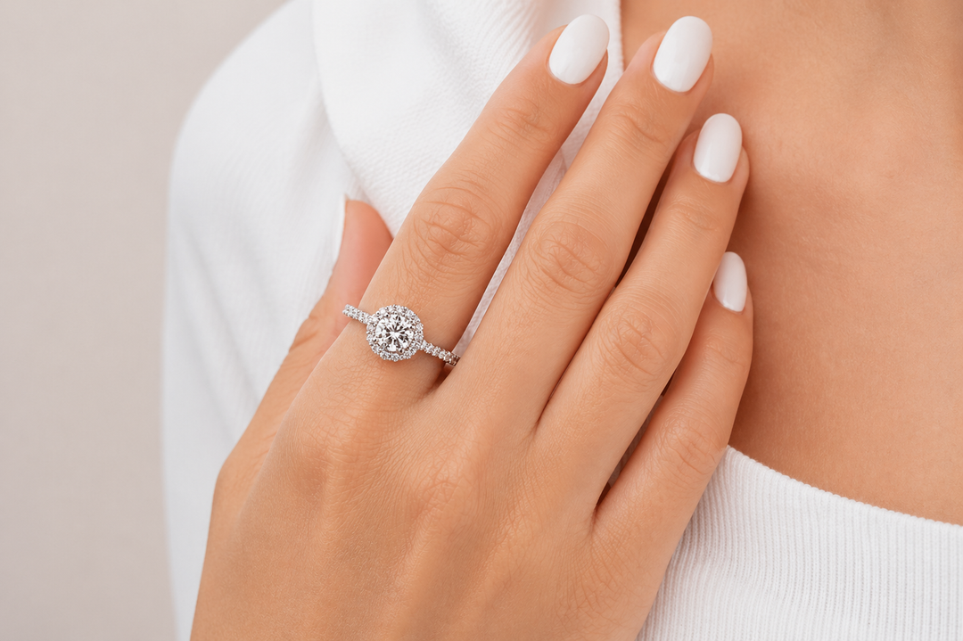 Graziella 14KT White Gold 0.92CTW Round Brilliant Halo Diamond Engagement Ring - Size 6.5