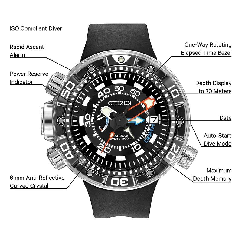 Citizen Promaster Aqualand 200M Depth Meter 6mm Eco-Drive Stainless Steel Watch BN2029-01E