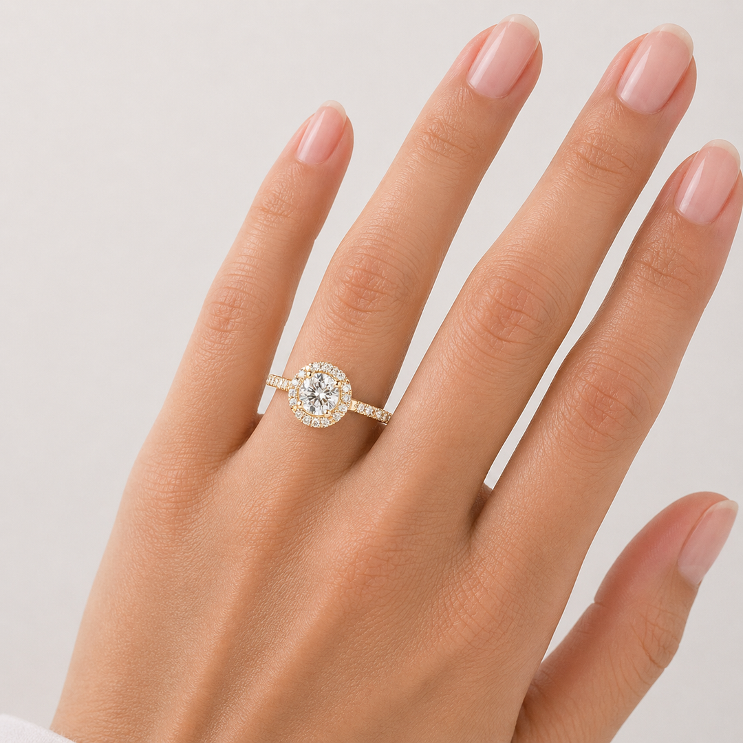Graziella 14KT Yellow Gold 0.83CTW Round Brilliant Diamond Halo Engagement Ring - Size 6.75