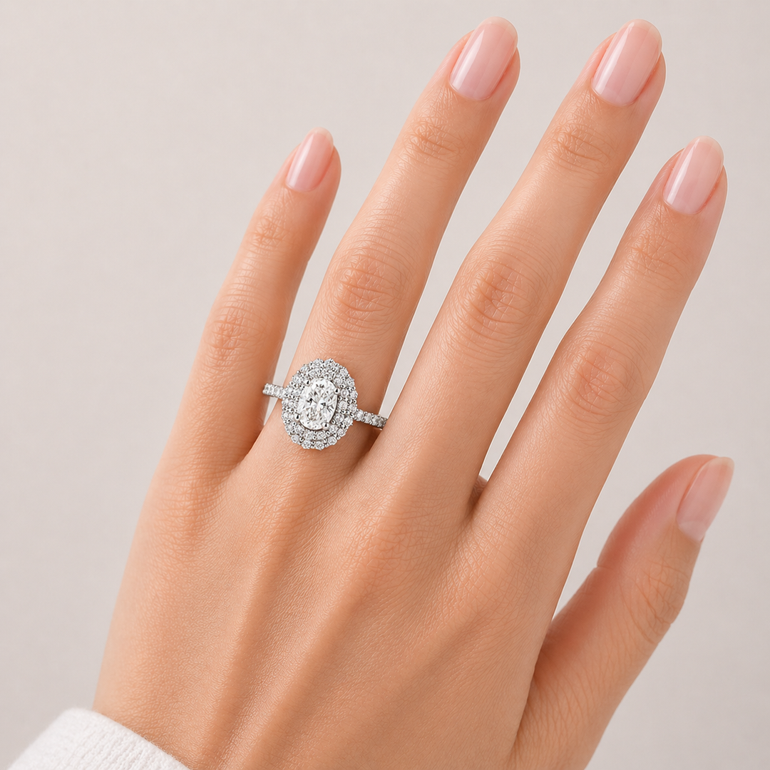 Graziella 14KT White Gold 1.00CTW Oval Diamond Double Halo Engagement Ring - Size 6.75