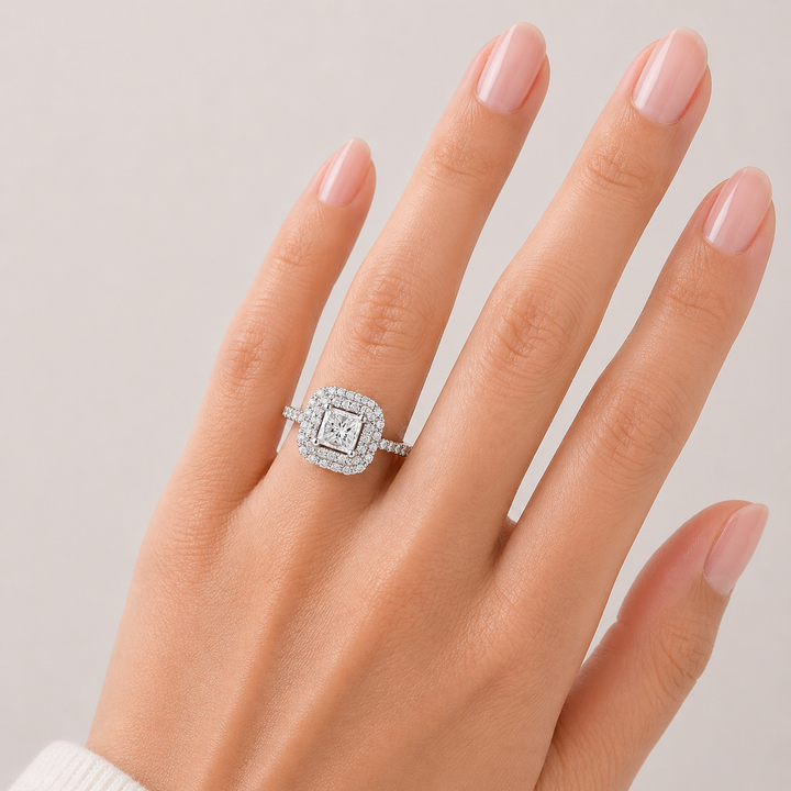 Graziella 14KT White Gold 0.92CTW Square Diamond Double Halo Engagement Ring - Size 6.5