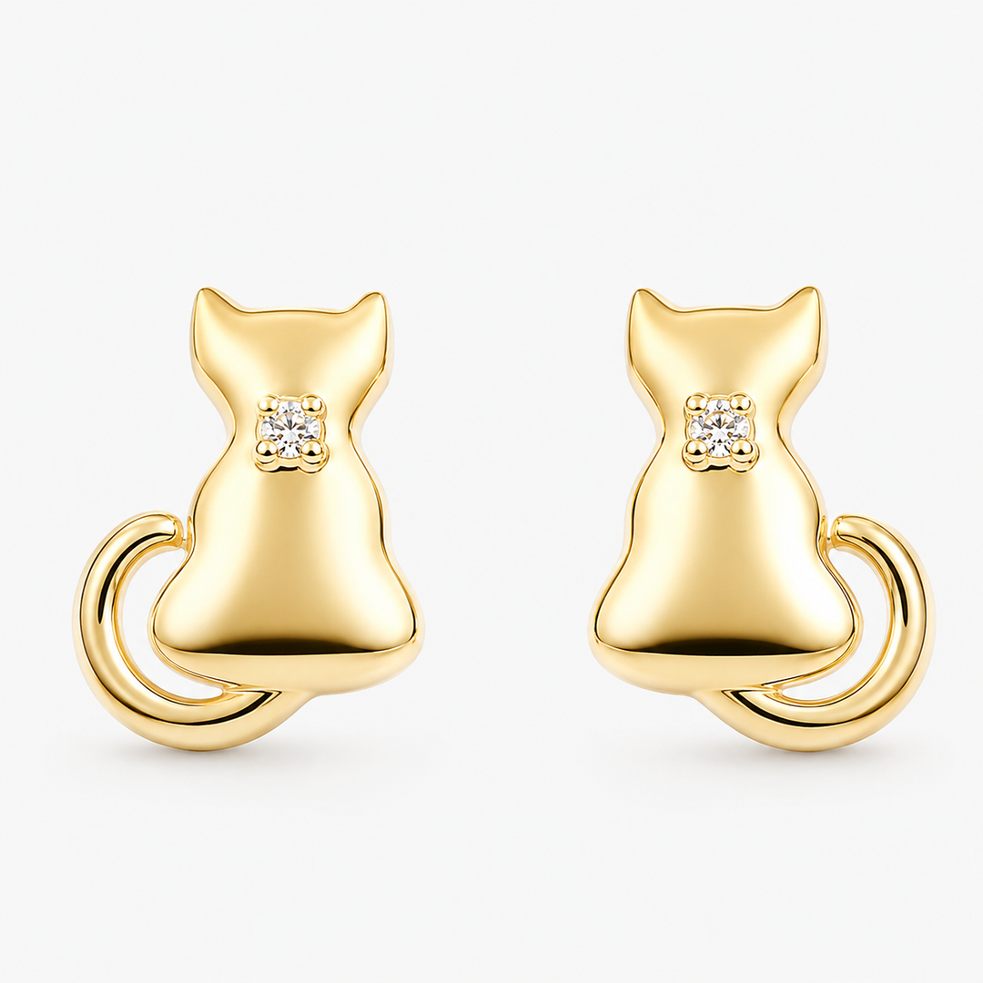 10KT Yellow Gold 0.01CTW Diamond Cat Childrens Earrings.