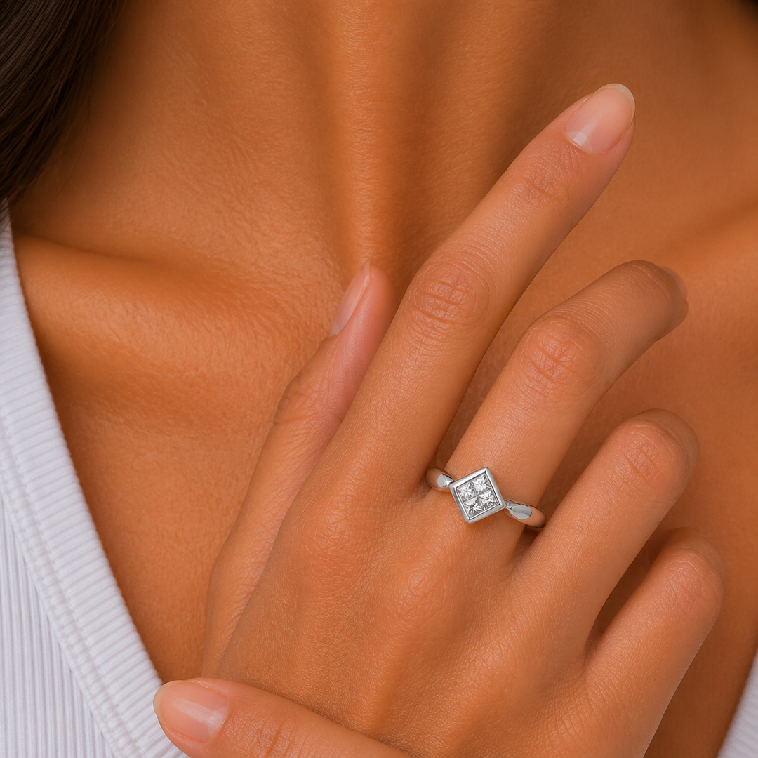 Graziella 10KT White Gold Invisibley Set Diamond Ring - Size 4