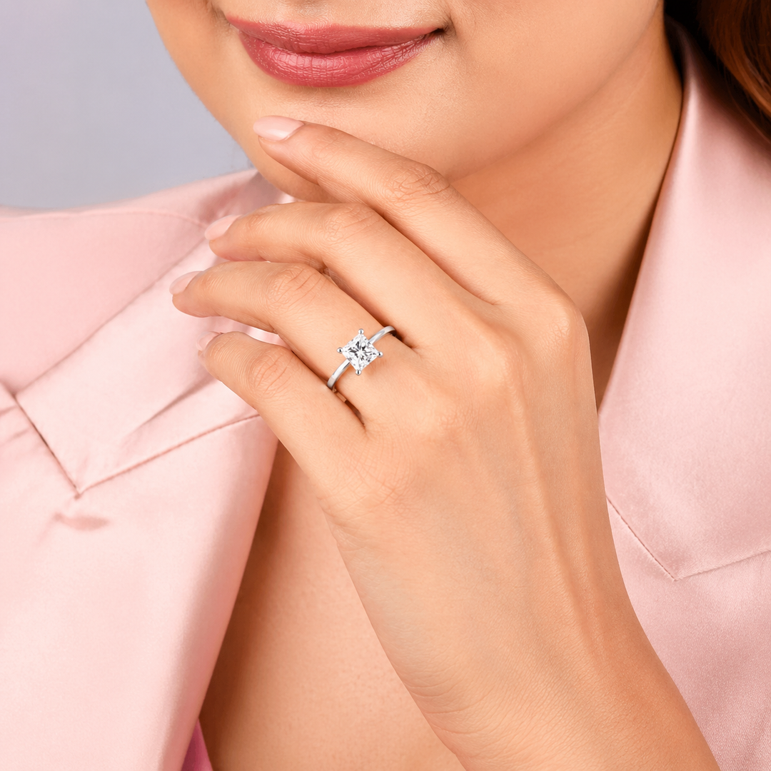 Graziella 14KT White Gold 0.64CTW Princess Cut Diamond Accent Engagement Ring - Size 6.5