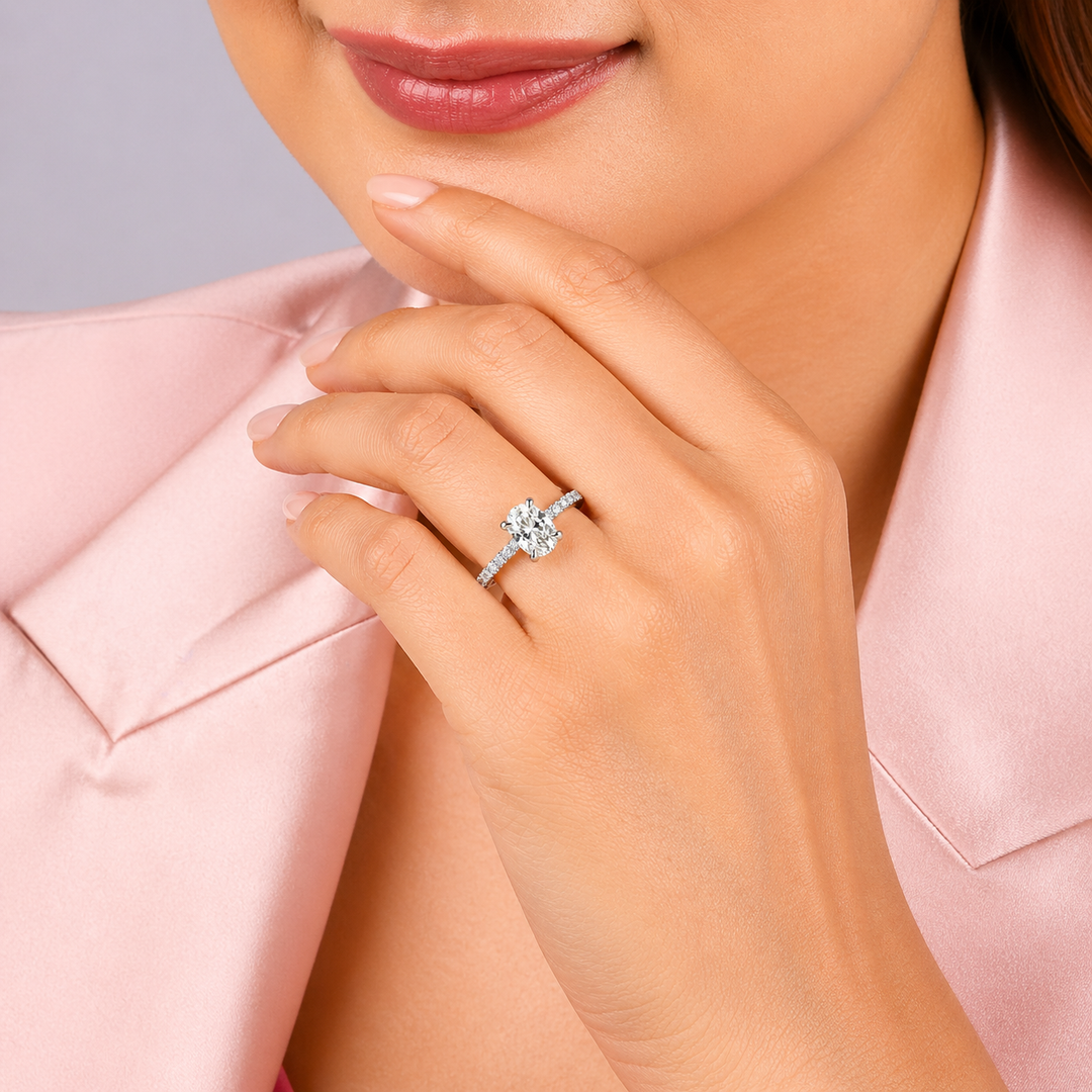 Graziella 14KT White Gold 0.72CTW Oval Diamond Accent Engagement Ring - Size 7