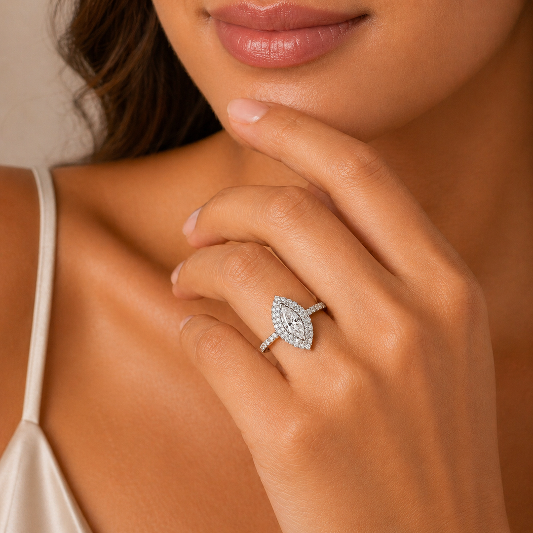 Graziella 14KT White Gold 1.27CTW Marquise Diamond Double Halo Engagement Ring - Size 6.5