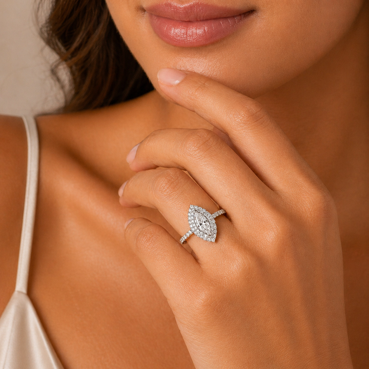 Graziella 14KT White Gold 1.27CTW Marquise Diamond Double Halo Engagement Ring - Size 6.5