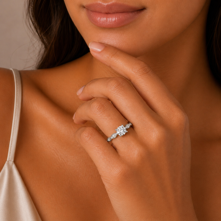 Graziella 14KT White Gold 0.63CTW Round Shape Diamond Accent Side Stones Set Engagement Ring