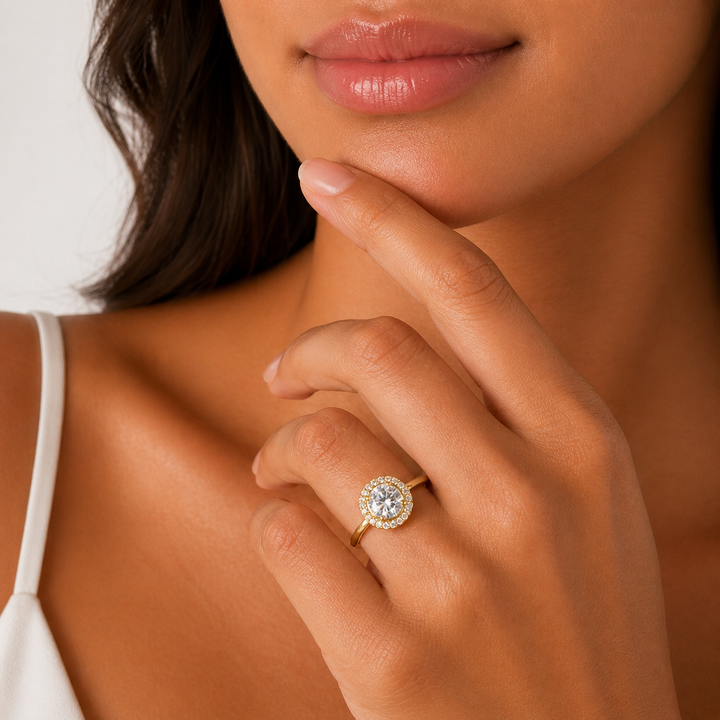 Graziella 14KT Yellow Gold 0.62CTW Round Brilliant Diamond Halo Engagement Ring - Size 7