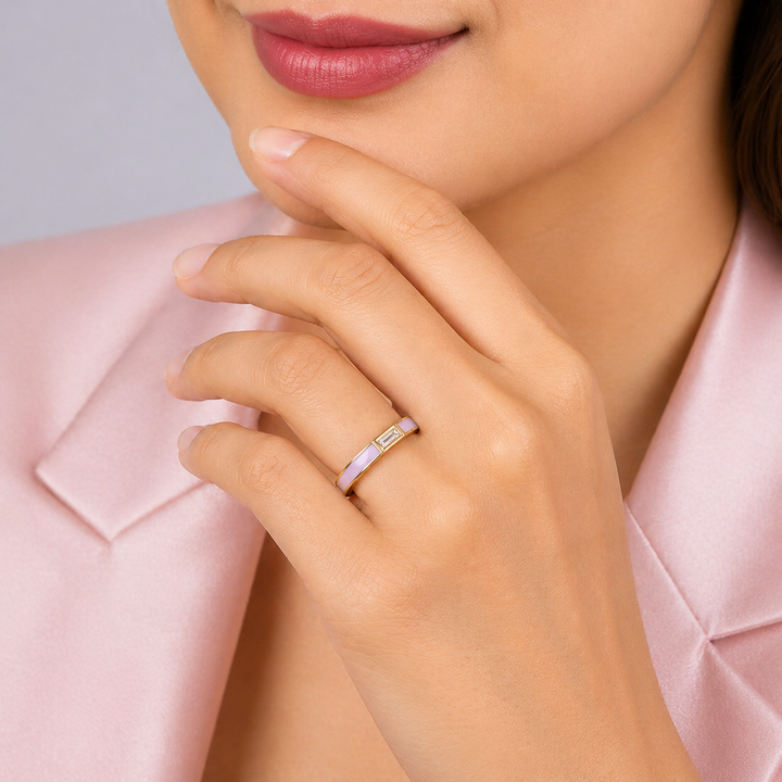 Graziella 14KT Yellow Gold 0.05CT Baguette Diamond &amp; Pink Enamel Ring - Size 6.5
