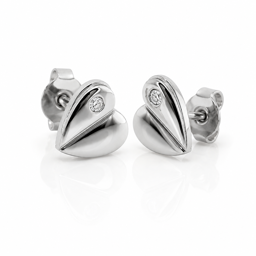 Veloria Stainless Steel Half-Brushed White CZ Heart Stud Earrings