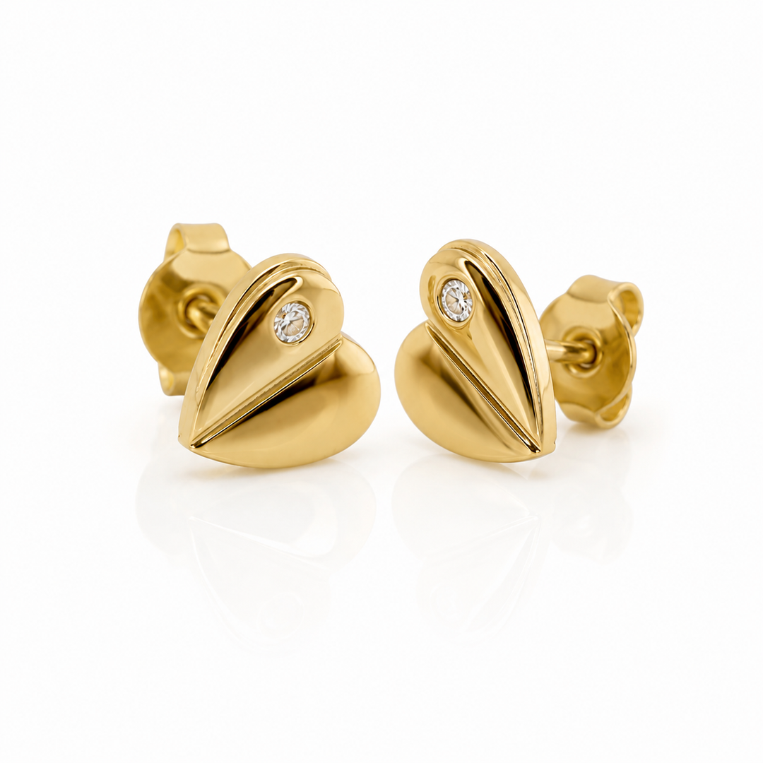 Veloria Gold IP Stainless Steel Half-Brushed White CZ Heart Stud Earrings
