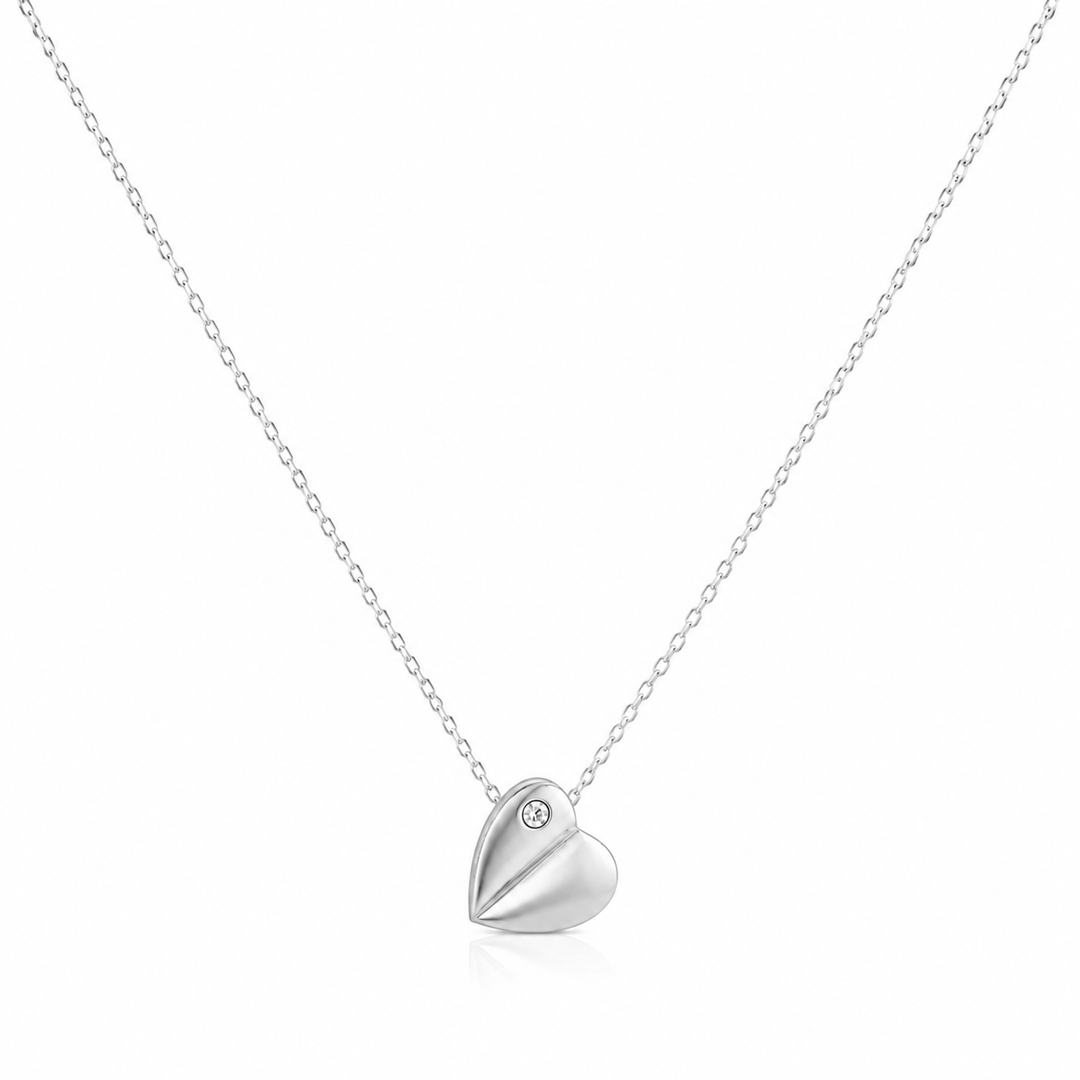 Veloria Stainless Steel Half-Brushed White CZ Heart 16" + 2" Necklace