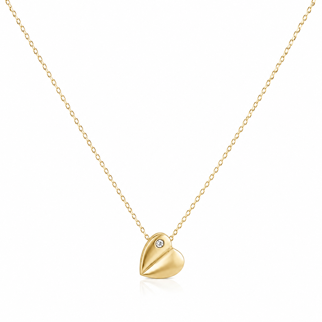 Veloria Gold IP Stainless Steel Half-Brushed White CZ Heart 16" + 2" Necklace