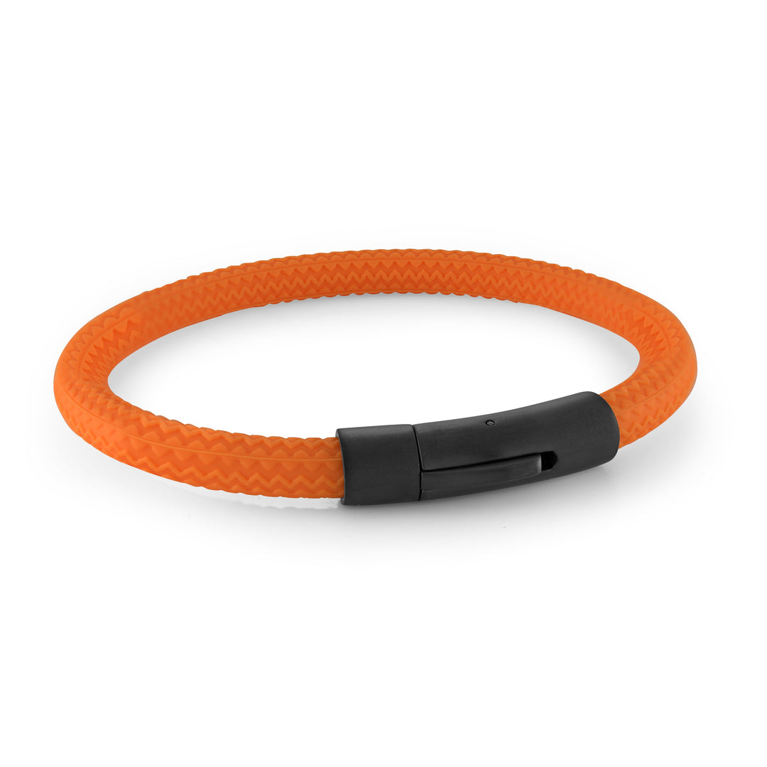 Italgem Steel Black IP PLated Clasp 8" Orange Tire Rubber Bracelet.