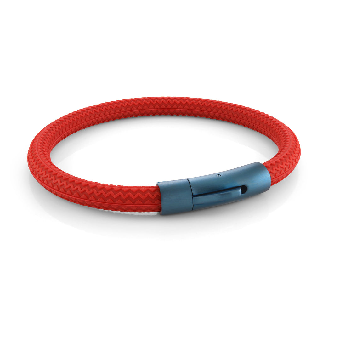 Italgem Steel Blue IP PLated Clasp 8" Red Tire Rubber Bracelet.