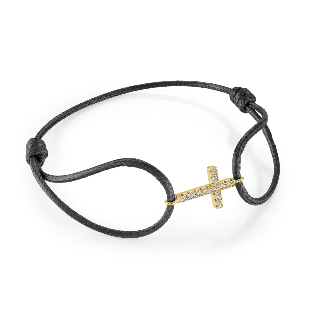 Italgem Steel Black Cord Adjustable Studded Cross Bracelet
