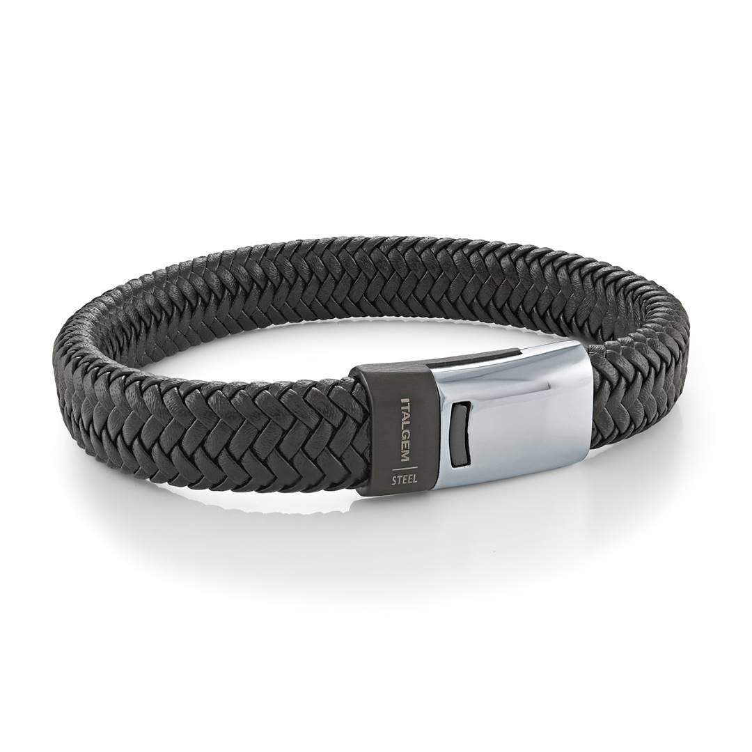 Italgem Steel Black IP Stainless Steel 12mm Black Leather 8.2" Bracelet